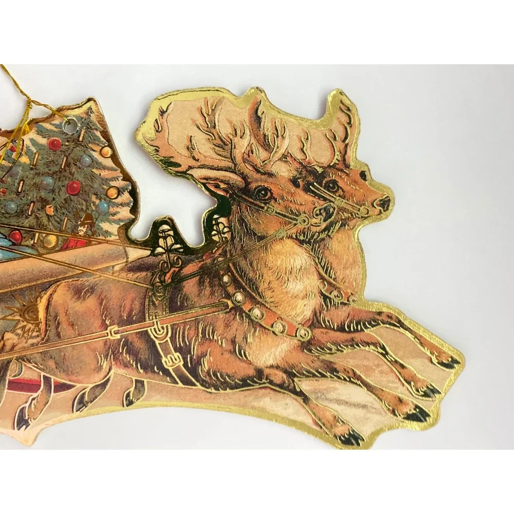 Vintage Style Die Cut‎ Cardboard Santa Claus Christmas Ornaments Gold Foil Set 2